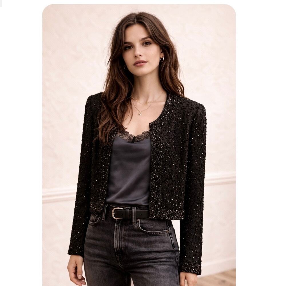 Vintage Stenay Black Silk Beaded Cropped Evening Jacket Size Small